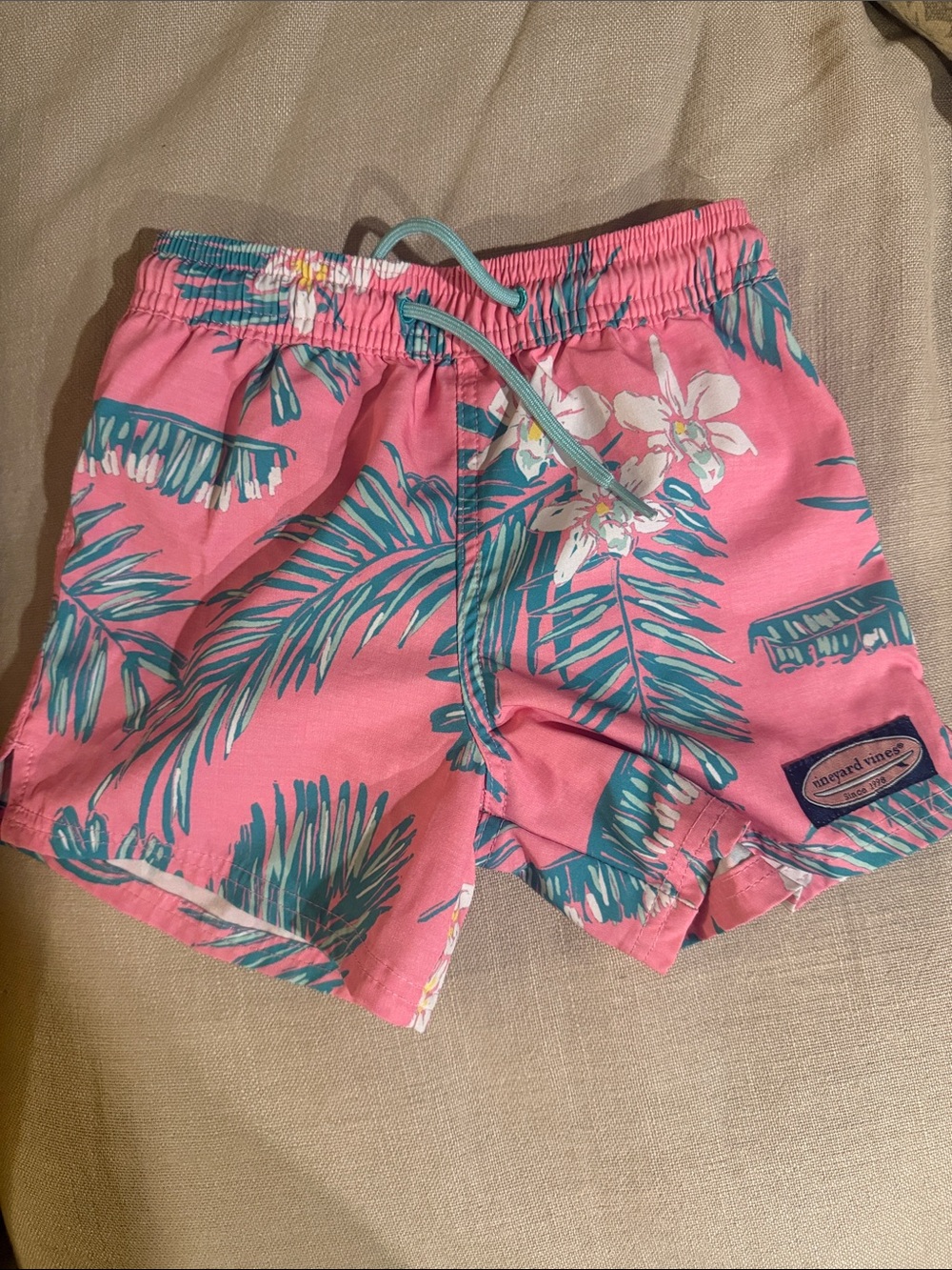 Vineyard Vines Pink Swim Trunks with Teal Palm Print